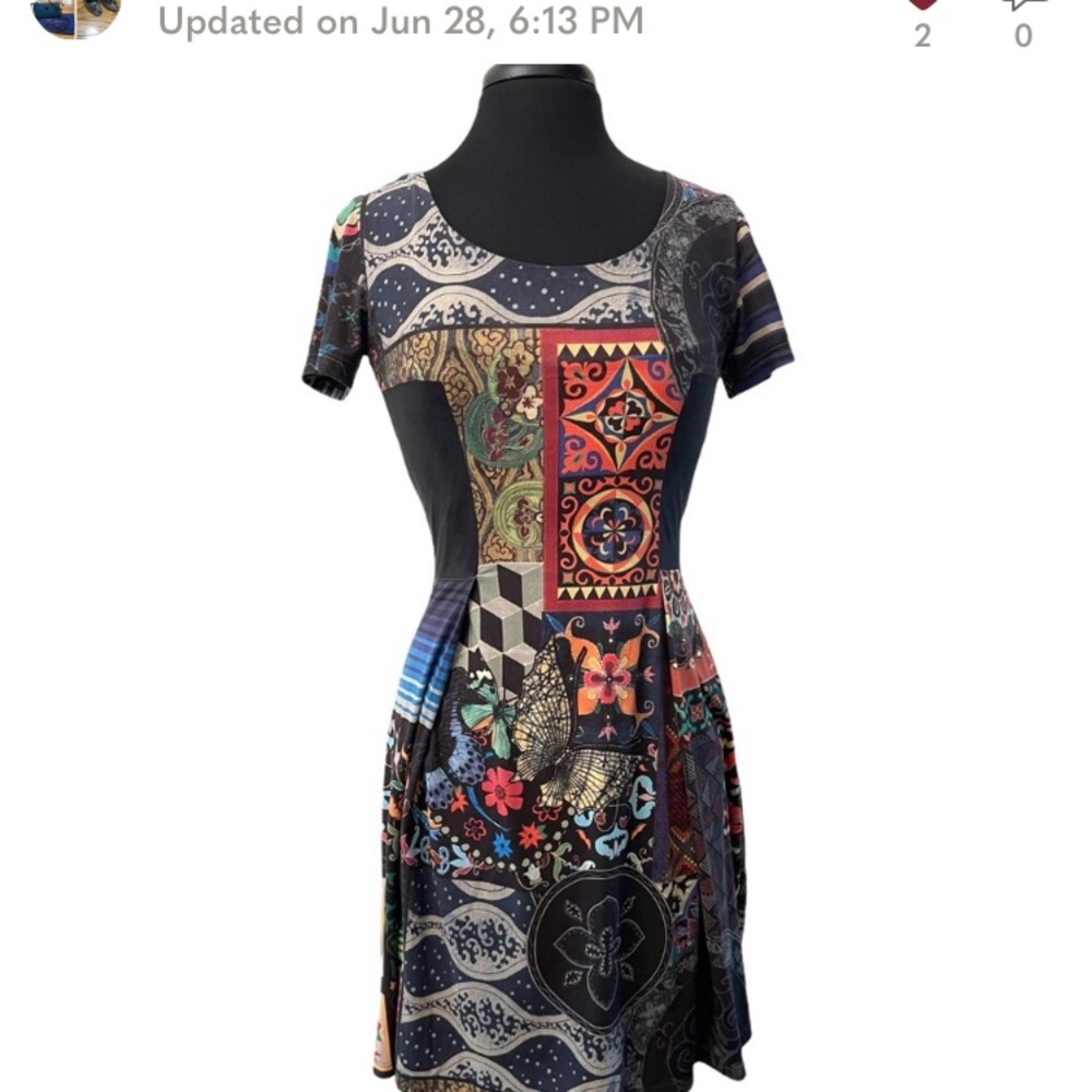 Desigual Patchwork Pattern Short Sleeve Dress Sz S
